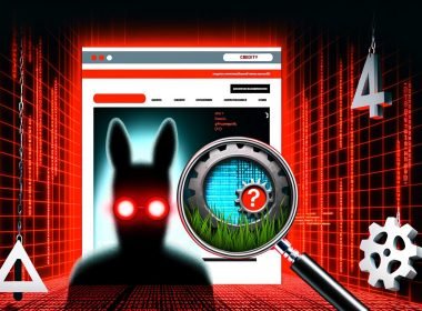Stilisierte Website mit glänzendem Frontend, darunter rot blinkende Fehler-Codes, zerbrochene Zahnräder, Risse im Quellcode unter einer Lupe und ein erschrockener Betreiber im Tech-Noir-Look.