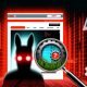 Stilisierte Website mit glänzendem Frontend, darunter rot blinkende Fehler-Codes, zerbrochene Zahnräder, Risse im Quellcode unter einer Lupe und ein erschrockener Betreiber im Tech-Noir-Look.