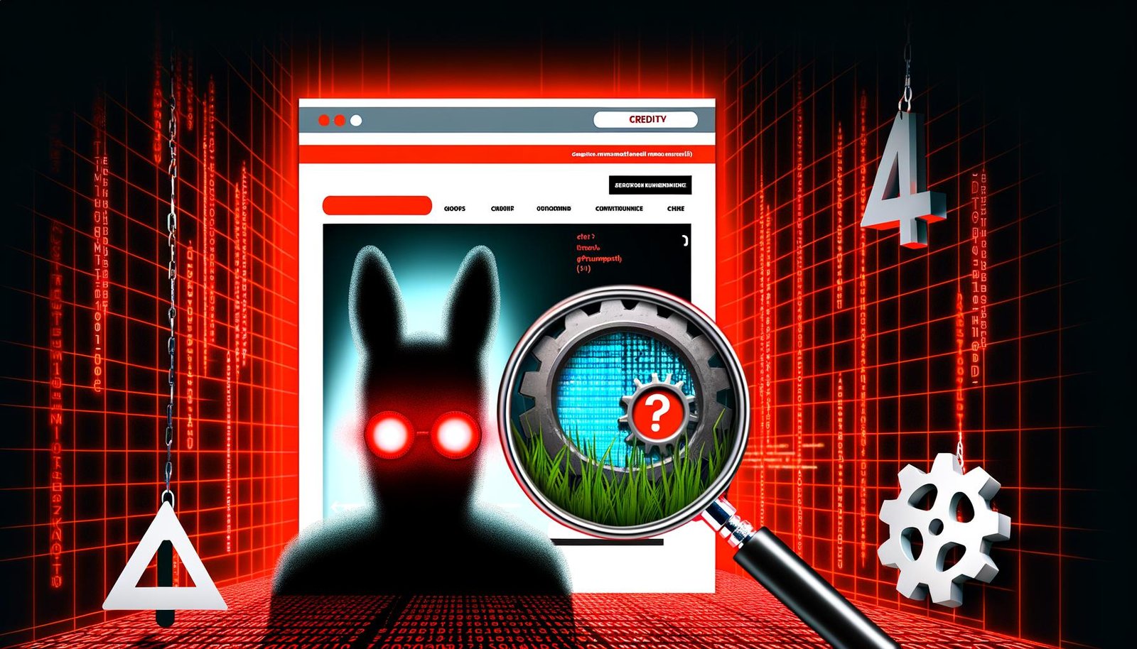 Stilisierte Website mit glänzendem Frontend, darunter rot blinkende Fehler-Codes, zerbrochene Zahnräder, Risse im Quellcode unter einer Lupe und ein erschrockener Betreiber im Tech-Noir-Look.