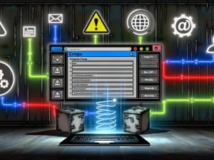 Illustration eines Maschinenraums mit WordPress-Dashboard, Formular-Plugin und Datenströmen zu CRM-Systemen, API-Interface und DSGVO-Schild, ergänzt durch Symbole für Webhooks, REST API und Monitoring.