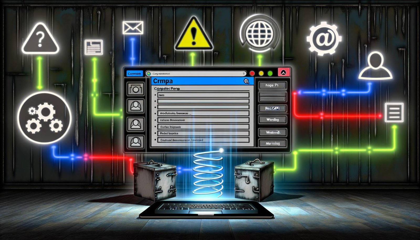 Illustration eines Maschinenraums mit WordPress-Dashboard, Formular-Plugin und Datenströmen zu CRM-Systemen, API-Interface und DSGVO-Schild, ergänzt durch Symbole für Webhooks, REST API und Monitoring.