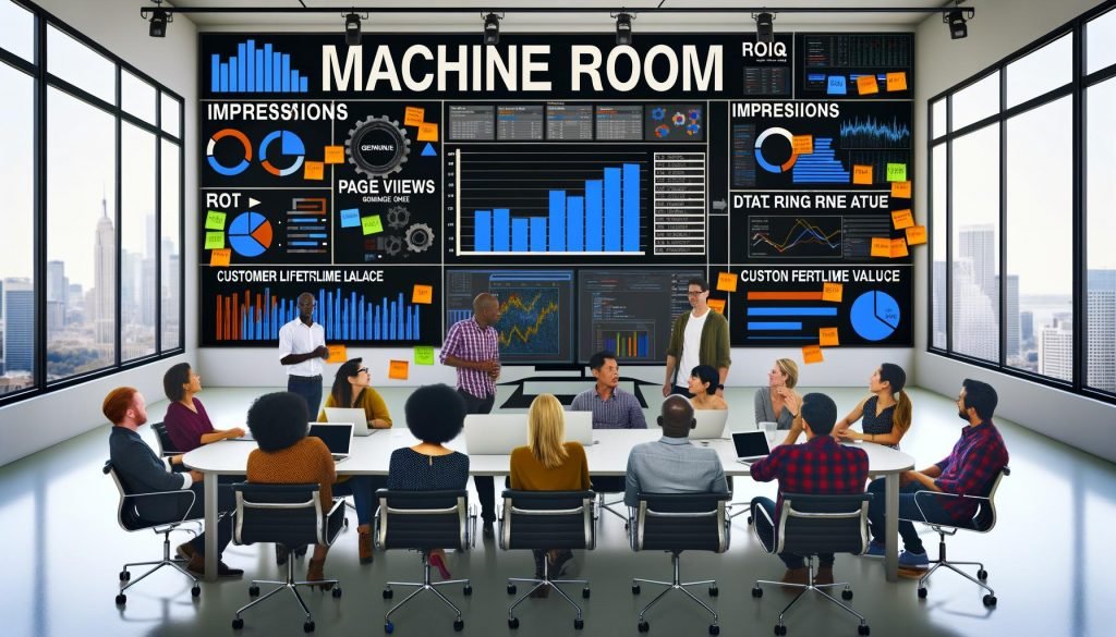 Office-Meeting mit vielfältigem Team, das auf große Bildschirme mit KPIs, Diagrammen, Data Warehouse-Anzeigen und Begriffen wie ETL und Cleansing blickt.