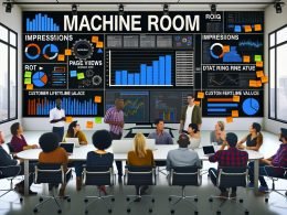 Office-Meeting mit vielfältigem Team, das auf große Bildschirme mit KPIs, Diagrammen, Data Warehouse-Anzeigen und Begriffen wie ETL und Cleansing blickt.