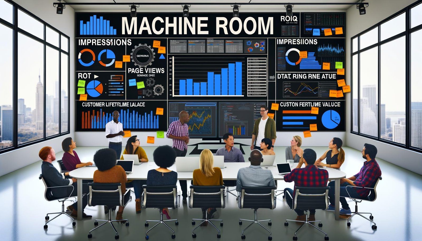 Office-Meeting mit vielfältigem Team, das auf große Bildschirme mit KPIs, Diagrammen, Data Warehouse-Anzeigen und Begriffen wie ETL und Cleansing blickt.