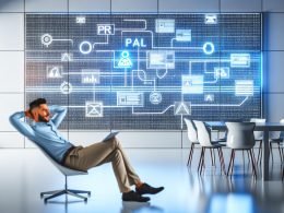 Futuristische Agentur-Umgebung mit PR-Manager und digitaler Datenwand mit Echtzeit-Dashboards und algorithmischen Visualisierungen.