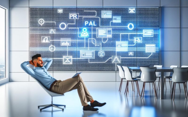 Futuristische Agentur-Umgebung mit PR-Manager und digitaler Datenwand mit Echtzeit-Dashboards und algorithmischen Visualisierungen.