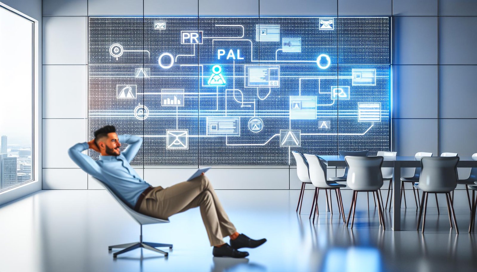 Futuristische Agentur-Umgebung mit PR-Manager und digitaler Datenwand mit Echtzeit-Dashboards und algorithmischen Visualisierungen.