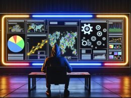 Marketer im Hoodie vor Monitorwand mit leuchtenden Datenströmen, Banner-Anzeigen und Algorithmus-Symbolen in einem düsteren High-Performance-Marketinglabor