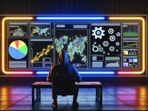 Marketer im Hoodie vor Monitorwand mit leuchtenden Datenströmen, Banner-Anzeigen und Algorithmus-Symbolen in einem düsteren High-Performance-Marketinglabor
