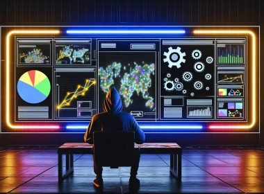Marketer im Hoodie vor Monitorwand mit leuchtenden Datenströmen, Banner-Anzeigen und Algorithmus-Symbolen in einem düsteren High-Performance-Marketinglabor