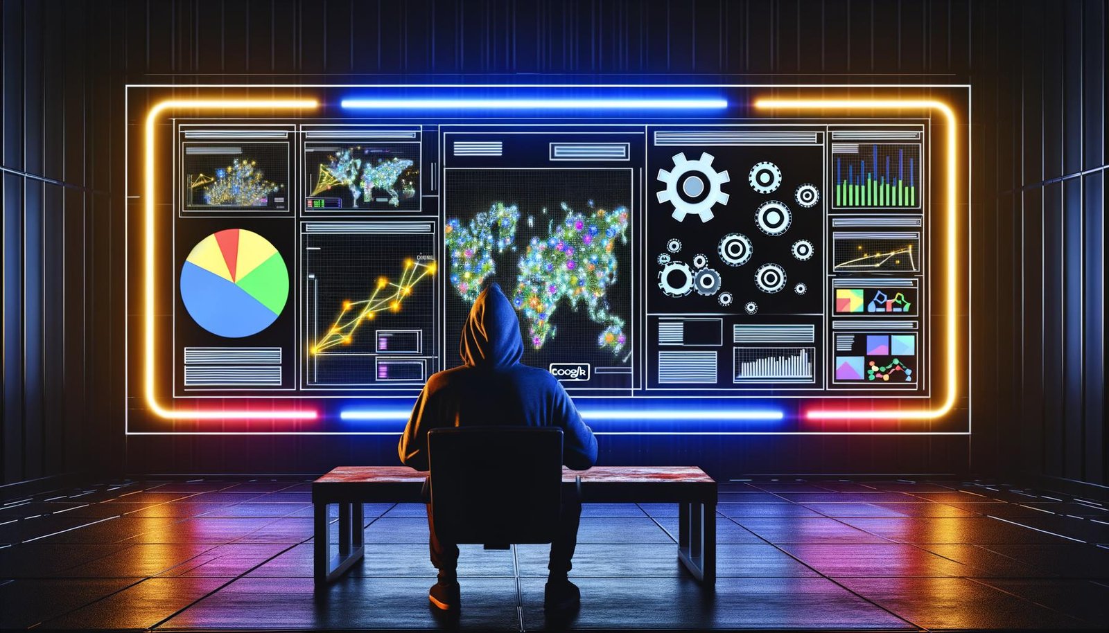 Marketer im Hoodie vor Monitorwand mit leuchtenden Datenströmen, Banner-Anzeigen und Algorithmus-Symbolen in einem düsteren High-Performance-Marketinglabor