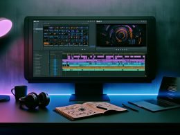 Modernes High-Tech-Arbeitsplatz-Setup mit vertikalem Monitor, auf dem ein Reels-Editor mit Videospuren, Farbanpassung und KI-Untertiteln zu sehen ist; auf dem Tisch Laptop, Kopfhörer, Skizzenbuch und Kaffeetasse, alles im Neonlicht