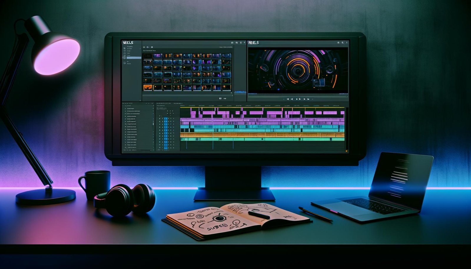 Modernes High-Tech-Arbeitsplatz-Setup mit vertikalem Monitor, auf dem ein Reels-Editor mit Videospuren, Farbanpassung und KI-Untertiteln zu sehen ist; auf dem Tisch Laptop, Kopfhörer, Skizzenbuch und Kaffeetasse, alles im Neonlicht
