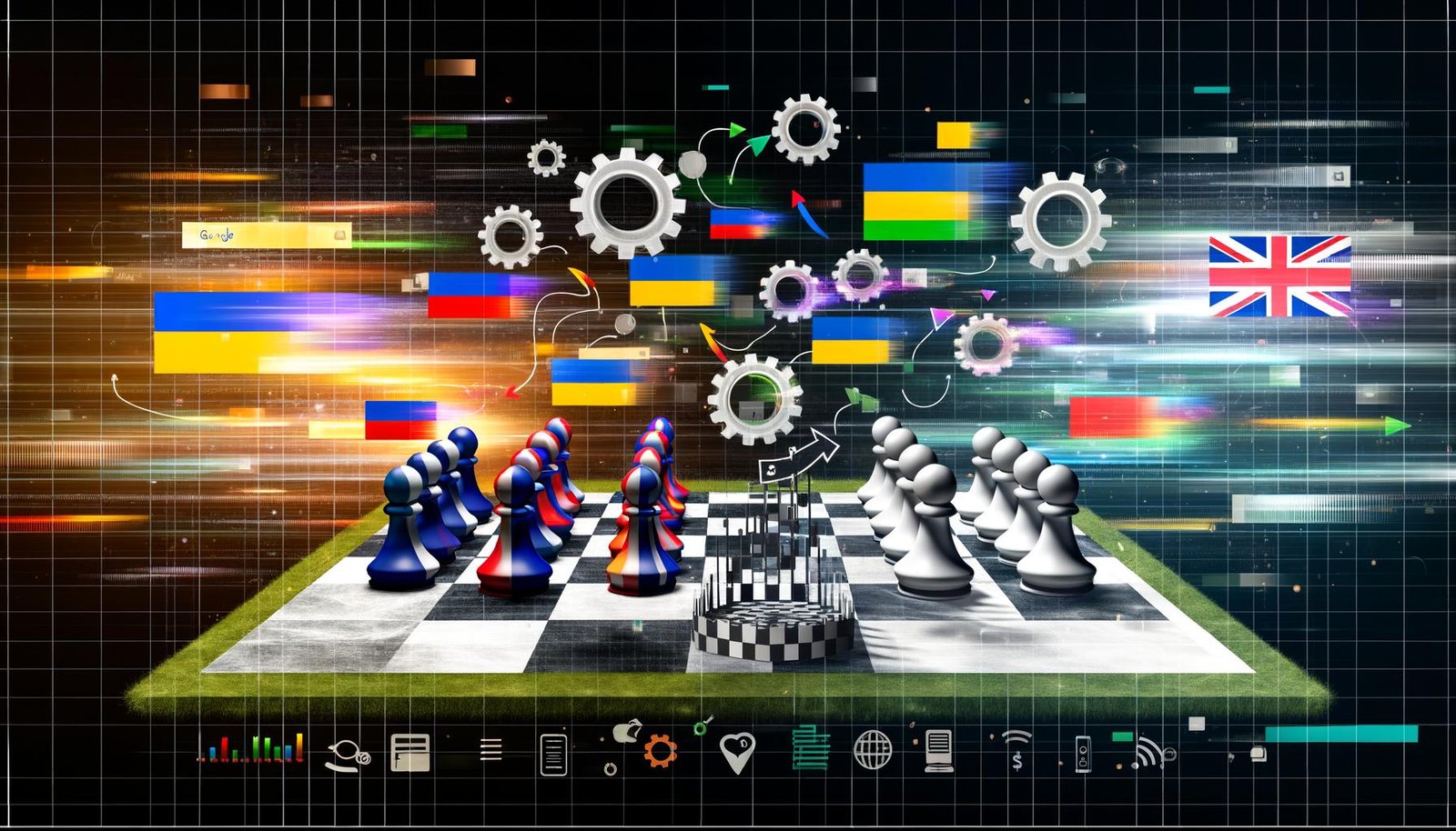 Stilisiertes Schachbrett mit Fahnen von Großbritannien, Ukraine und Kasachstan, Spielfiguren mit Online-Marketing-Icons, Google-Suchleisten und Datenströmen im Hintergrund.