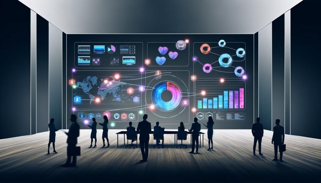 Business-Team vor großem Echtzeit-Dashboard im modernen, minimalistischen Büro mit interaktiven Diagrammen und vernetzten Datenquellen.