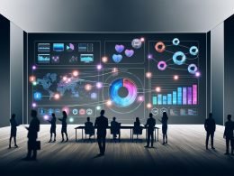 Business-Team vor großem Echtzeit-Dashboard im modernen, minimalistischen Büro mit interaktiven Diagrammen und vernetzten Datenquellen.