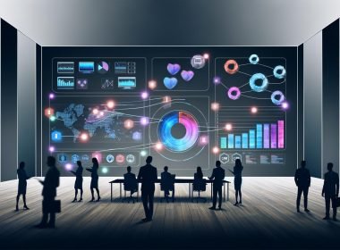 Business-Team vor großem Echtzeit-Dashboard im modernen, minimalistischen Büro mit interaktiven Diagrammen und vernetzten Datenquellen.