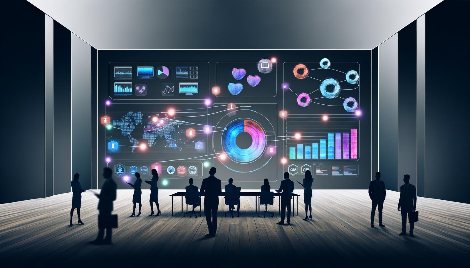Business-Team vor großem Echtzeit-Dashboard im modernen, minimalistischen Büro mit interaktiven Diagrammen und vernetzten Datenquellen.