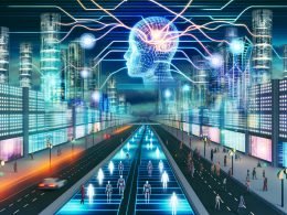 Visionäre Großstadt bei Nacht im Jahr 2040 mit gläsernen, digital beleuchteten Wolkenkratzern, schwebenden KI-Hologrammen, Menschen mit futuristischen Wearables und Implantaten sowie stilisierten DNA-Strängen und neuronalen Netzwerken.