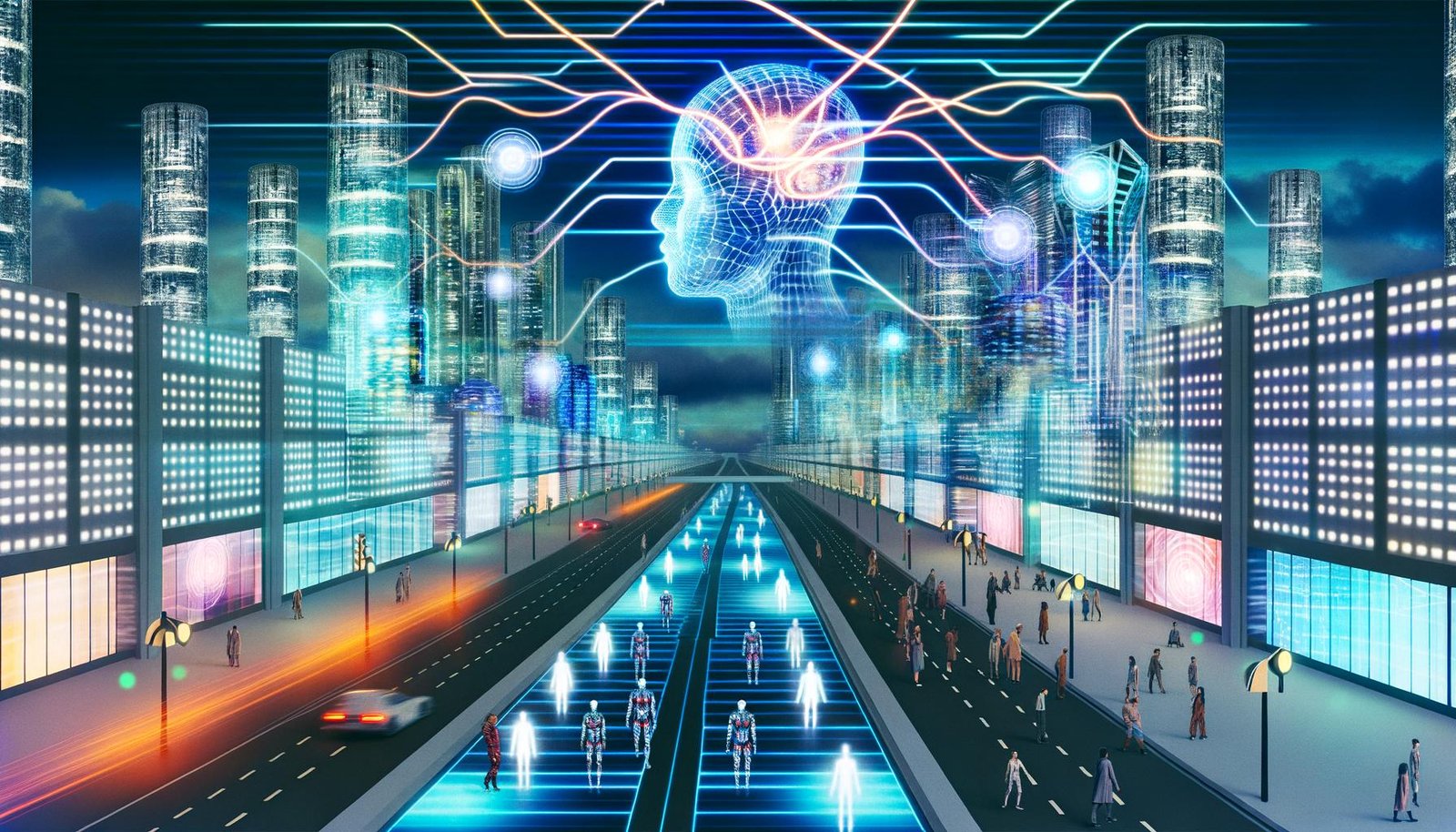 Visionäre Großstadt bei Nacht im Jahr 2040 mit gläsernen, digital beleuchteten Wolkenkratzern, schwebenden KI-Hologrammen, Menschen mit futuristischen Wearables und Implantaten sowie stilisierten DNA-Strängen und neuronalen Netzwerken.