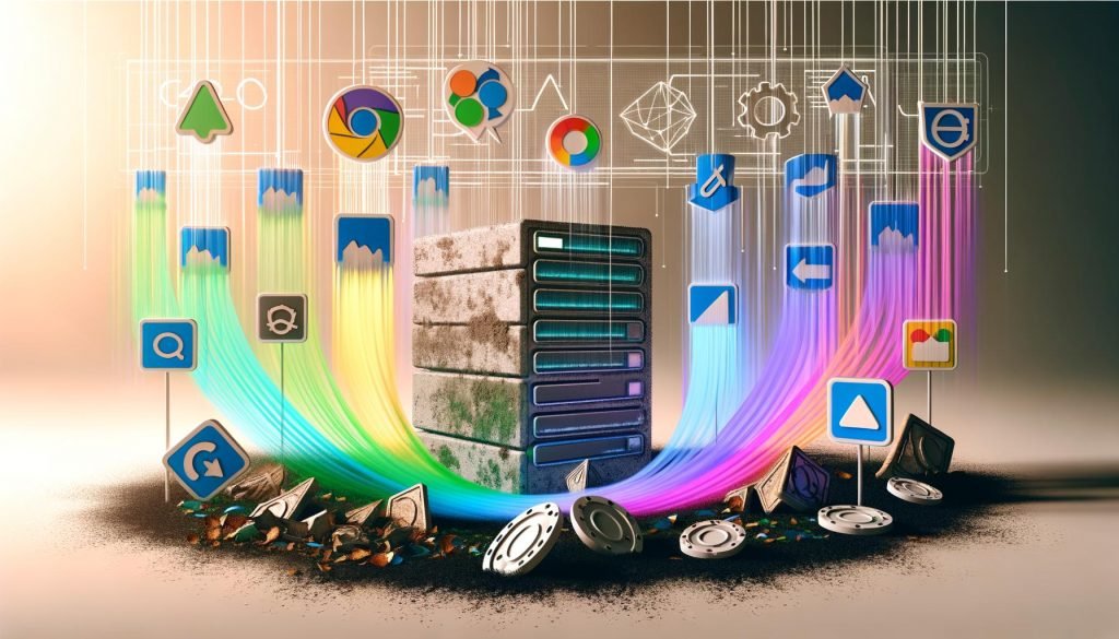 Futuristisches Titelbild mit Server, leuchtenden Datenströmen zu Facebook, Google und TikTok Logos, zerbröselnden Browser- und Cookie-Symbolen im Hintergrund sowie modernen Dashboards im Vordergrund, Symbol für Innovation und Datensouveränität im Online-Marketing 2025.