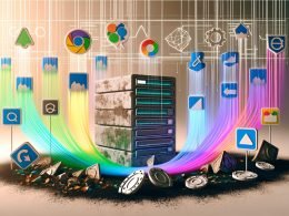 Futuristisches Titelbild mit Server, leuchtenden Datenströmen zu Facebook, Google und TikTok Logos, zerbröselnden Browser- und Cookie-Symbolen im Hintergrund sowie modernen Dashboards im Vordergrund, Symbol für Innovation und Datensouveränität im Online-Marketing 2025.