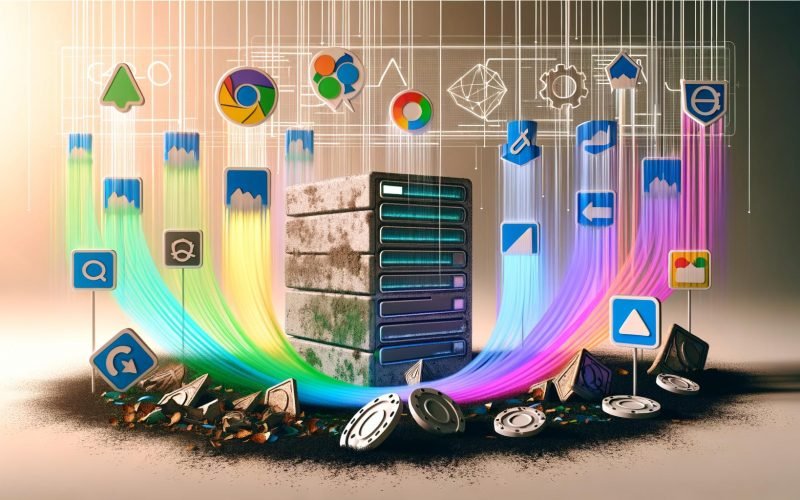 Futuristisches Titelbild mit Server, leuchtenden Datenströmen zu Facebook, Google und TikTok Logos, zerbröselnden Browser- und Cookie-Symbolen im Hintergrund sowie modernen Dashboards im Vordergrund, Symbol für Innovation und Datensouveränität im Online-Marketing 2025.