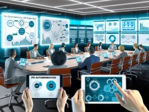 Modernes, helles Büro mit Konferenztisch, PR-Experten, Laptops, Tablets mit Dashboards, Prozessdiagrammen und großem Bildschirm, der PR-Automationssoftware zeigt. Whiteboard voller API-Flussdiagramme, im Hintergrund Echtzeit-Datenmonitoring auf digitalen Displays.