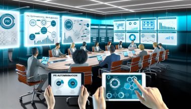 Modernes, helles Büro mit Konferenztisch, PR-Experten, Laptops, Tablets mit Dashboards, Prozessdiagrammen und großem Bildschirm, der PR-Automationssoftware zeigt. Whiteboard voller API-Flussdiagramme, im Hintergrund Echtzeit-Datenmonitoring auf digitalen Displays.