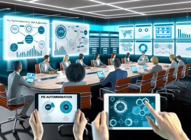 Modernes, helles Büro mit Konferenztisch, PR-Experten, Laptops, Tablets mit Dashboards, Prozessdiagrammen und großem Bildschirm, der PR-Automationssoftware zeigt. Whiteboard voller API-Flussdiagramme, im Hintergrund Echtzeit-Datenmonitoring auf digitalen Displays.
