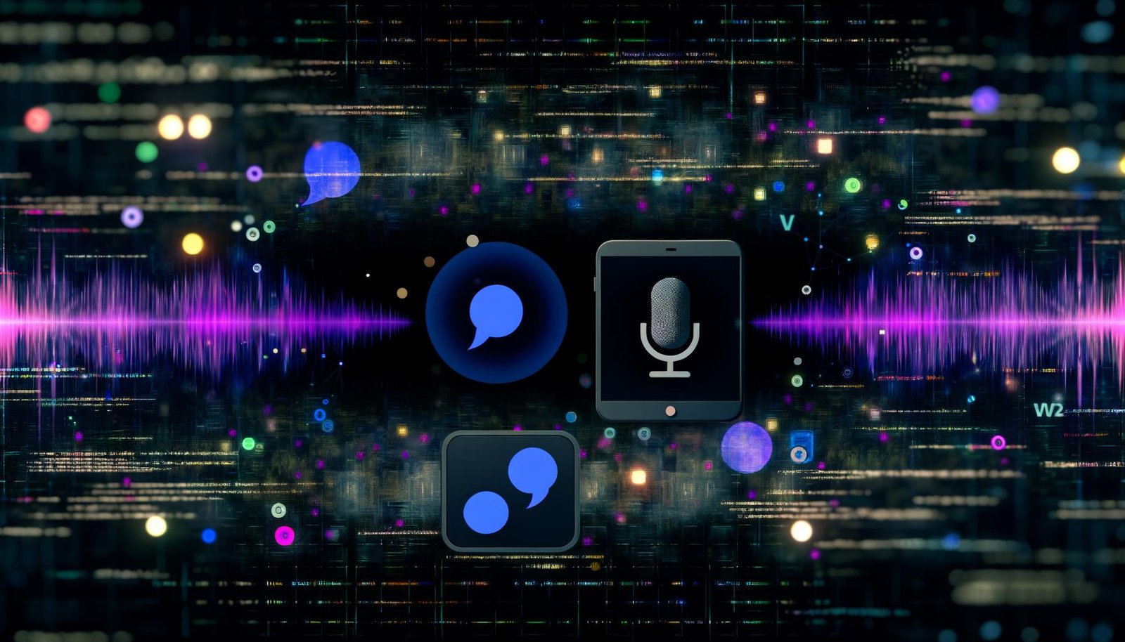 Moderne, dunkle Tech-Collage mit dynamischen Sprechblasen und Wellenformen, die Sprachinteraktion und nahtlose Werbung auf Smartphone, Smart Speaker und Tablet zeigen. Im Hintergrund leuchtende Codes und Netzwerksymbole.