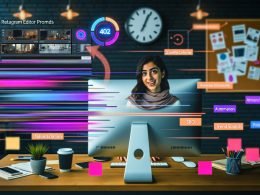 Junger Kreativer arbeitet an modernem Schreibtisch mit Instagram Reels, ChatGPT-Fenster, Workflow-Plan und digitalen Geräten umgeben von stylischen Farben und Post-its.