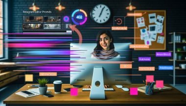 Junger Kreativer arbeitet an modernem Schreibtisch mit Instagram Reels, ChatGPT-Fenster, Workflow-Plan und digitalen Geräten umgeben von stylischen Farben und Post-its.