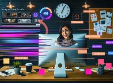 Junger Kreativer arbeitet an modernem Schreibtisch mit Instagram Reels, ChatGPT-Fenster, Workflow-Plan und digitalen Geräten umgeben von stylischen Farben und Post-its.