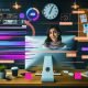 Junger Kreativer arbeitet an modernem Schreibtisch mit Instagram Reels, ChatGPT-Fenster, Workflow-Plan und digitalen Geräten umgeben von stylischen Farben und Post-its.
