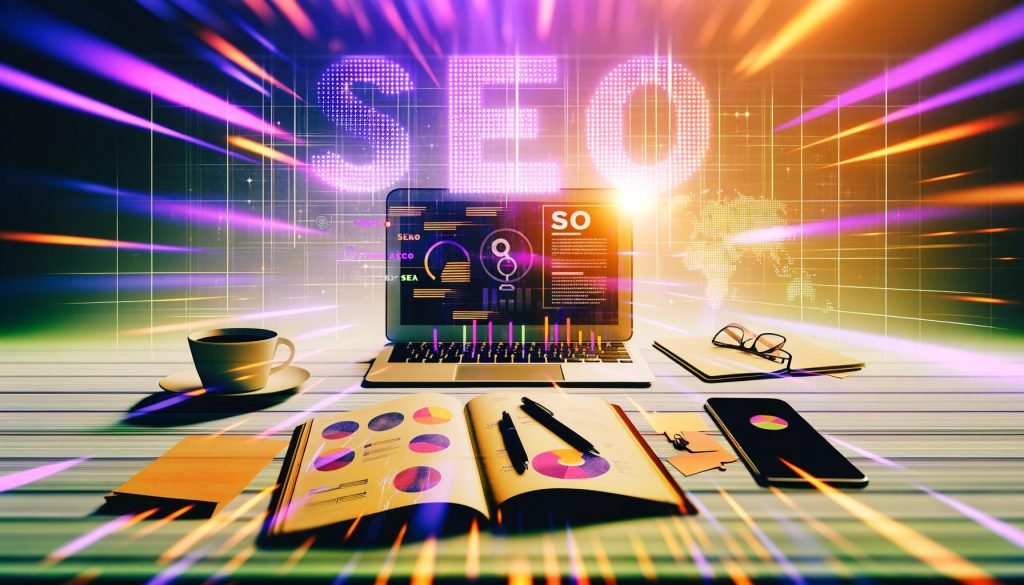 Magazin-Titelbild mit Schreibtisch, Laptop und Kaffeetasse, Datenvisualisierungen auf Bildschirmen und einem digitalen Mosaik aus den Buchstaben SEM, SEO, SEA im Hintergrund.