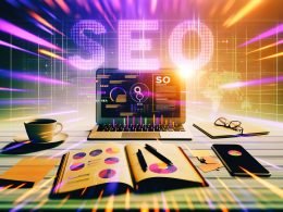 Magazin-Titelbild mit Schreibtisch, Laptop und Kaffeetasse, Datenvisualisierungen auf Bildschirmen und einem digitalen Mosaik aus den Buchstaben SEM, SEO, SEA im Hintergrund.