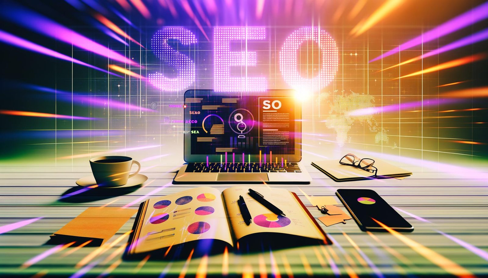 Magazin-Titelbild mit Schreibtisch, Laptop und Kaffeetasse, Datenvisualisierungen auf Bildschirmen und einem digitalen Mosaik aus den Buchstaben SEM, SEO, SEA im Hintergrund.