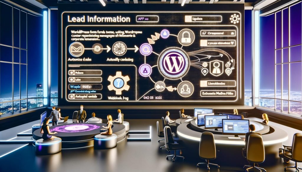 Modernes Büro mit Team, das ein Dashboard überwacht, auf dem Leads automatisch von WordPress-Formularen an CRM, E-Mail und Slack fließen, visualisiert durch Datenströme, Zahnräder und API-Symbole.