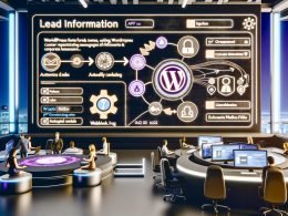 Modernes Büro mit Team, das ein Dashboard überwacht, auf dem Leads automatisch von WordPress-Formularen an CRM, E-Mail und Slack fließen, visualisiert durch Datenströme, Zahnräder und API-Symbole.