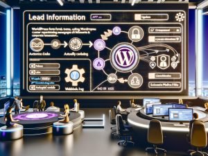 Modernes Büro mit Team, das ein Dashboard überwacht, auf dem Leads automatisch von WordPress-Formularen an CRM, E-Mail und Slack fließen, visualisiert durch Datenströme, Zahnräder und API-Symbole.