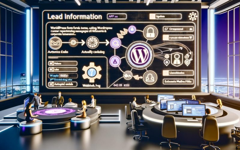 Modernes Büro mit Team, das ein Dashboard überwacht, auf dem Leads automatisch von WordPress-Formularen an CRM, E-Mail und Slack fließen, visualisiert durch Datenströme, Zahnräder und API-Symbole.