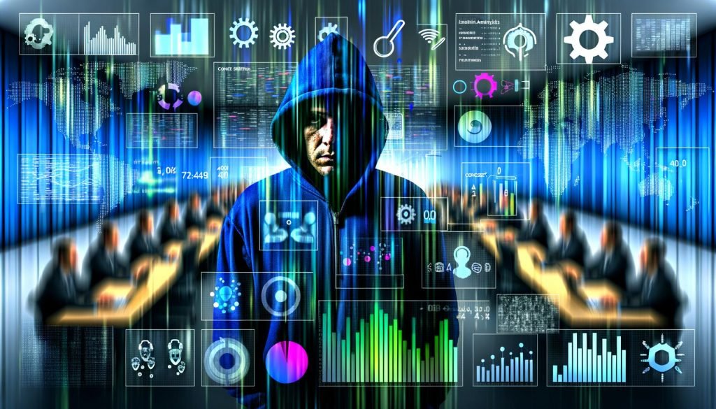 Stilisierte Matrix aus Datenströmen und Marketing-Grafiken mit Person im Hoodie vor leuchtenden Dashboards, KPI-Balken, Algorithmen- und Tracking-Symbolen in kontrastreichem Blau-Grau mit Neonakzenten.