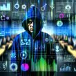 Stilisierte Matrix aus Datenströmen und Marketing-Grafiken mit Person im Hoodie vor leuchtenden Dashboards, KPI-Balken, Algorithmen- und Tracking-Symbolen in kontrastreichem Blau-Grau mit Neonakzenten.