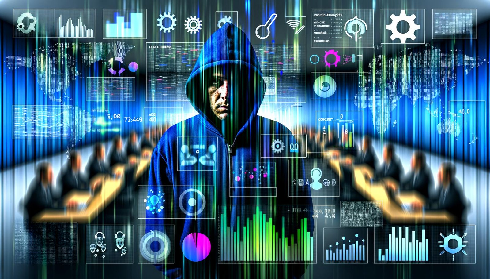 Stilisierte Matrix aus Datenströmen und Marketing-Grafiken mit Person im Hoodie vor leuchtenden Dashboards, KPI-Balken, Algorithmen- und Tracking-Symbolen in kontrastreichem Blau-Grau mit Neonakzenten.