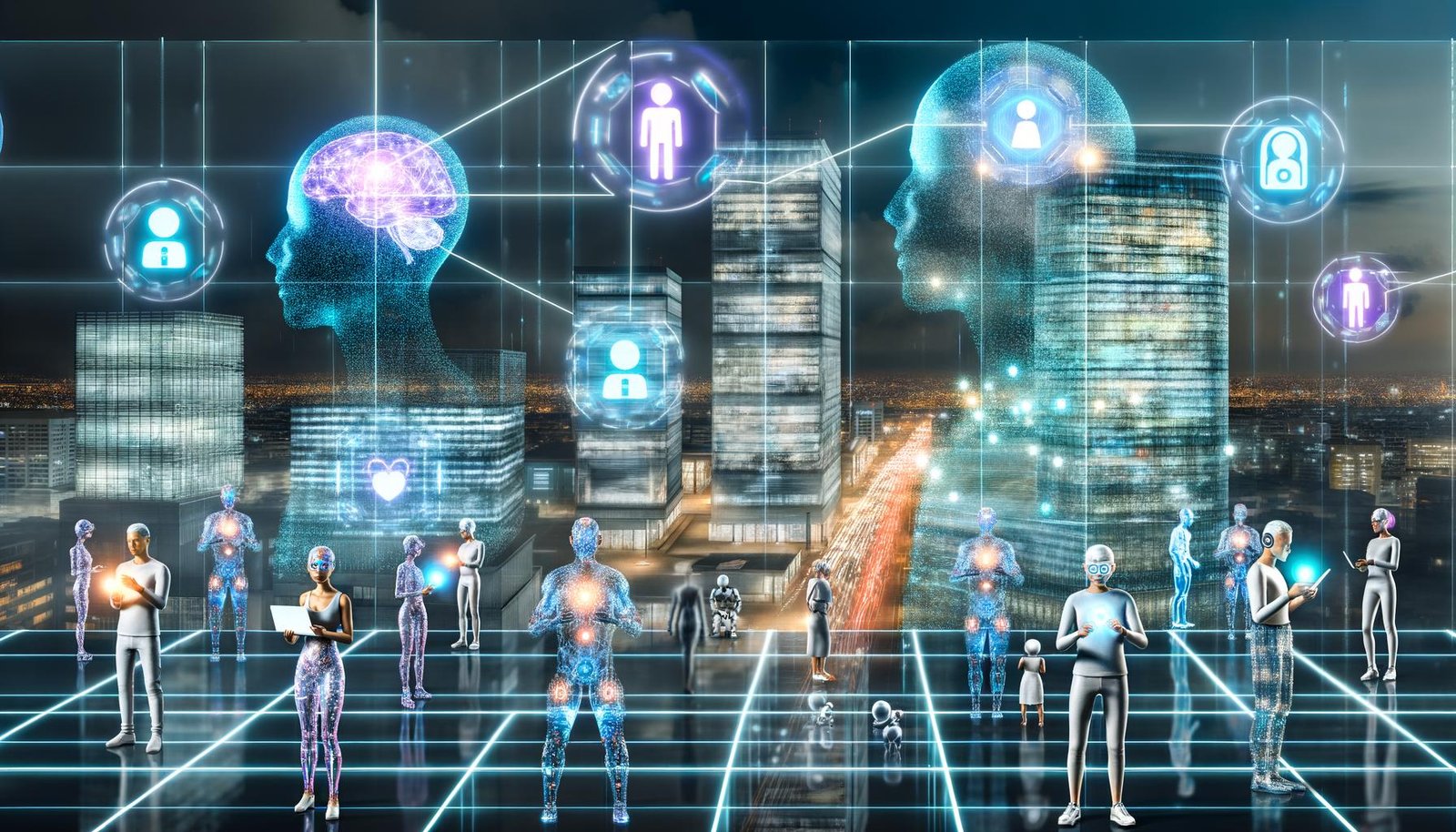 Menschen mit digitalen Implantaten und neuronalen Interfaces in einer nächtlichen Future-City, umgeben von Datenströmen, Hologrammen und KI-Avataren auf vernetzten Plattformen, während Roboter Seite an Seite mit Menschen arbeiten.