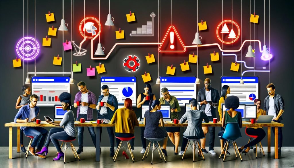 Ein Team aus Marketern und Technikern arbeitet intensiv an mehreren Analysebildschirmen, mit Conversion-Tracking-Schritten auf Notizzetteln und holografischen Symbolen von Tracking-Tools im Hintergrund.