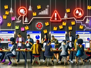 Ein Team aus Marketern und Technikern arbeitet intensiv an mehreren Analysebildschirmen, mit Conversion-Tracking-Schritten auf Notizzetteln und holografischen Symbolen von Tracking-Tools im Hintergrund.