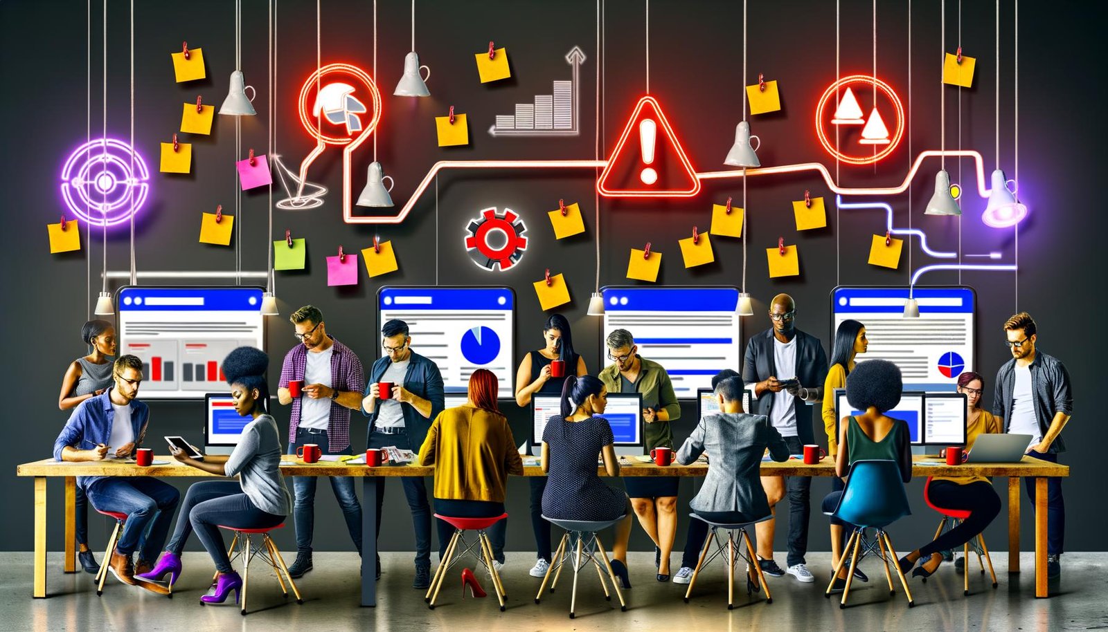Ein Team aus Marketern und Technikern arbeitet intensiv an mehreren Analysebildschirmen, mit Conversion-Tracking-Schritten auf Notizzetteln und holografischen Symbolen von Tracking-Tools im Hintergrund.