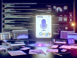 Digitaler Arbeitsplatz mit mehreren Bildschirmen, Google Display Voice Native Ads, Sprachwellenform, technischen Notizen, Analytics-Dashboards und 404-Branding an der Wand.